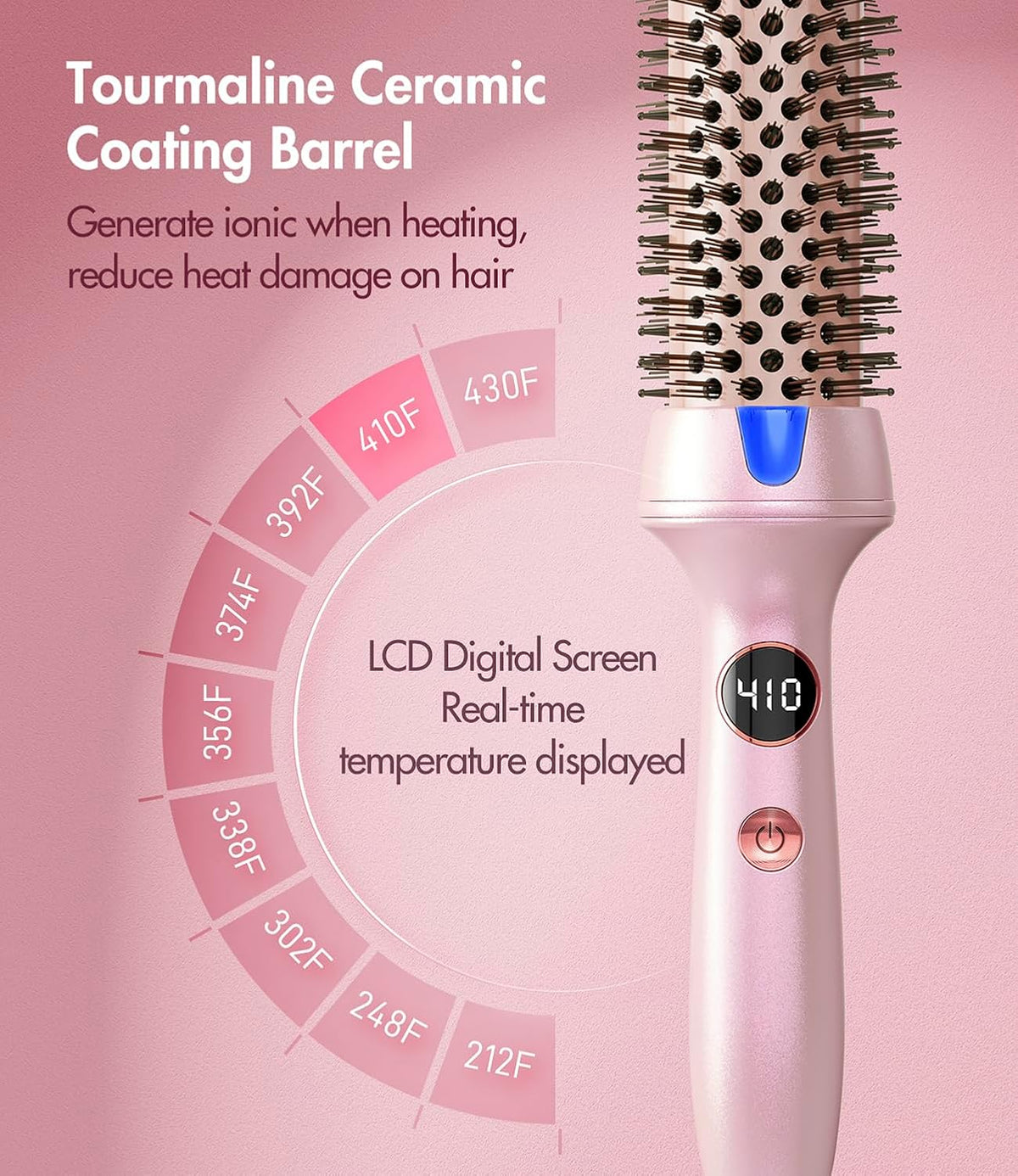 Thermal Hair Brush for Blowout Look, 1.5 Inch Heated round Brush for Natural Curl,Ionic Curling Iron Wand with Dual Voltage, Volumizing Smoothing Hot round Brushes, Light Pink