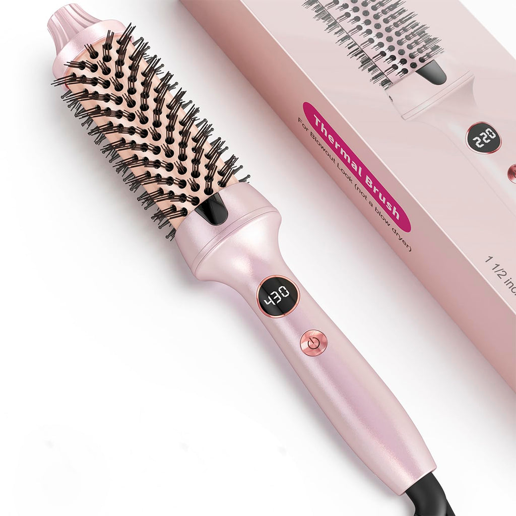 Thermal Hair Brush for Blowout Look, 1.5 Inch Heated round Brush for Natural Curl,Ionic Curling Iron Wand with Dual Voltage, Volumizing Smoothing Hot round Brushes, Light Pink