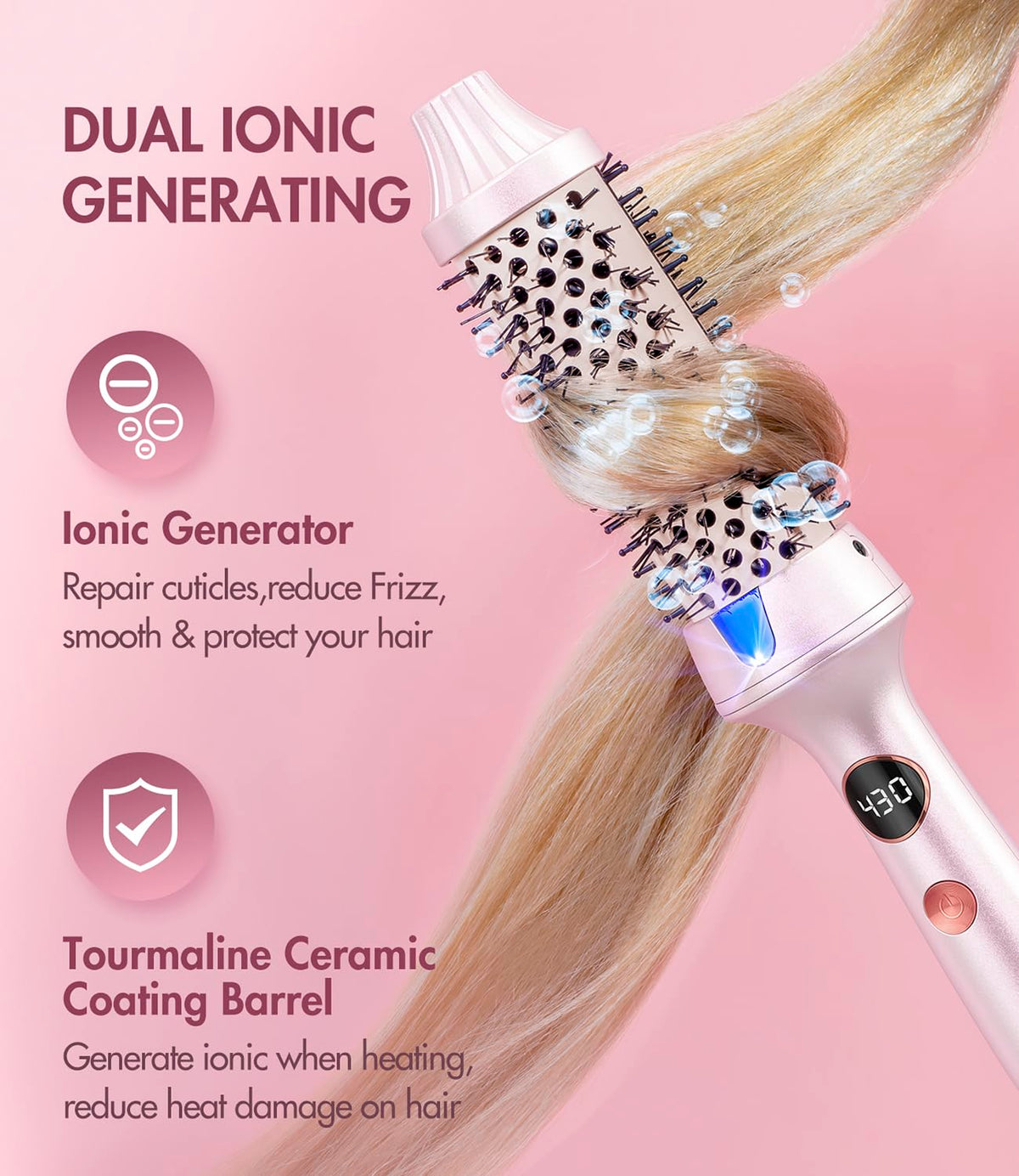 Thermal Hair Brush for Blowout Look, 1.5 Inch Heated round Brush for Natural Curl,Ionic Curling Iron Wand with Dual Voltage, Volumizing Smoothing Hot round Brushes, Light Pink
